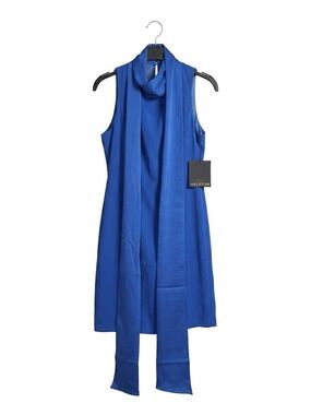 Halston Cobalt Blue Sleeveless High Neck Shift Dress Attached Scarf Tie 8 NWT